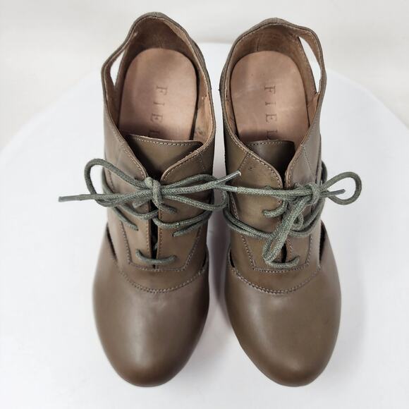Fiel Bainbridge Wood Wedge Bootie Women 8.5 Taupe Leather Lace-up Cut-outs - Picture 3 of 12